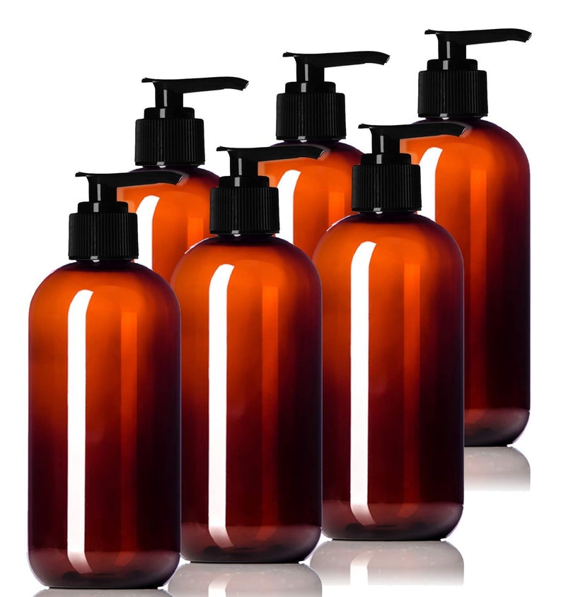 Aromine 8oz Plastic Amber Bottles (6 Pack) BPA-Free Squeeze Containers with Pump Cap  Labels Included